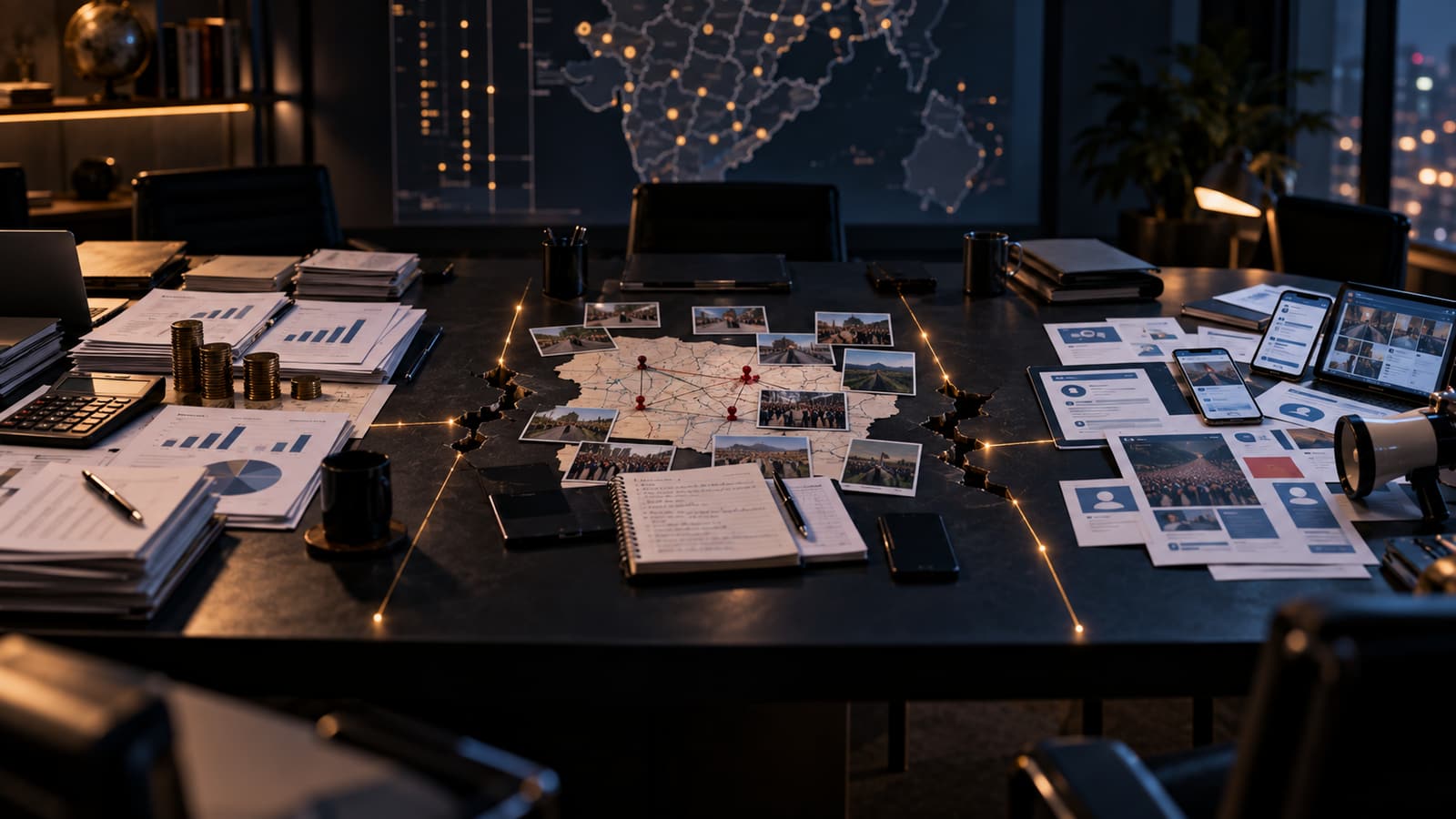 A campaign table: budget sheets, voter-list photographs, phones and a megaphone — spend without a booth map